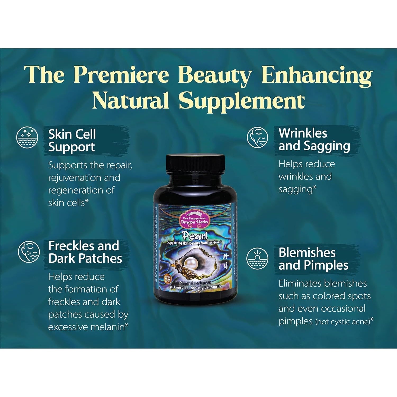 Dragon Herbs Pearl Powder Capsules - Pure Pearl Powder Supplement to Support Skin, Eyes, Nails, Beauty | All Natural Ingredients, Non-Gmo (100 Capsules, 500 Mg per Capsule)