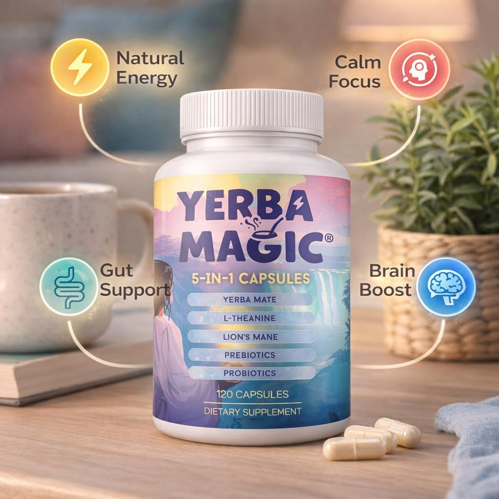 Brainista Yerba Magic 5-In-1 Capsules – Yerba Mate Energy + Lion’S Mane, L-Theanine, Prebiotics & Probiotics - Calm Focus, Gut Support & Clean Energy - 100Mg Natural Caffeine | 30 Servings