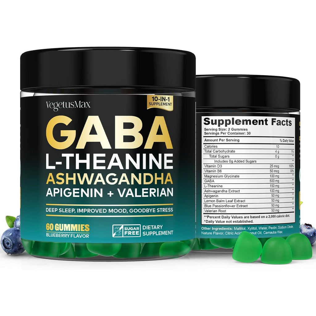 GABA Gummies 500Mg Sugar-Free Calm Gummies with L Theanine, Ashwagandha, Magnesium, Vitamins D3, B6, Melatonin-Free for Calm, Mood, Zzz, GABA Supplement for Adult, Blueberry 60 Count (Pack of 1)