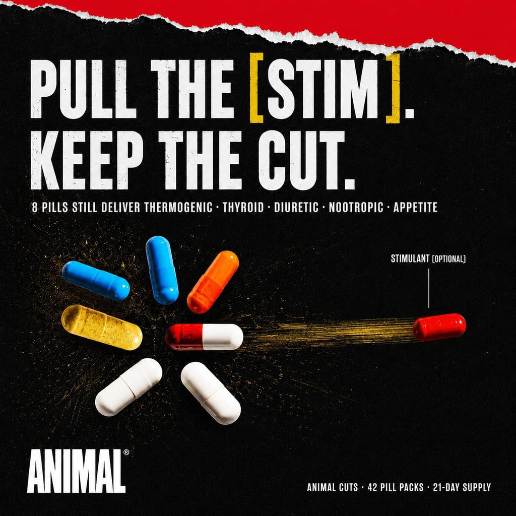 Animal Cuts All-In-1 Thermogenic Fat Burner - 17-Ingredient Cutting Stack with Removable Stim Pill, for Men & Women Athletes - Boosts Metabolism, Curbs Appetite, Sharpens Focus, 42 Pill Packs