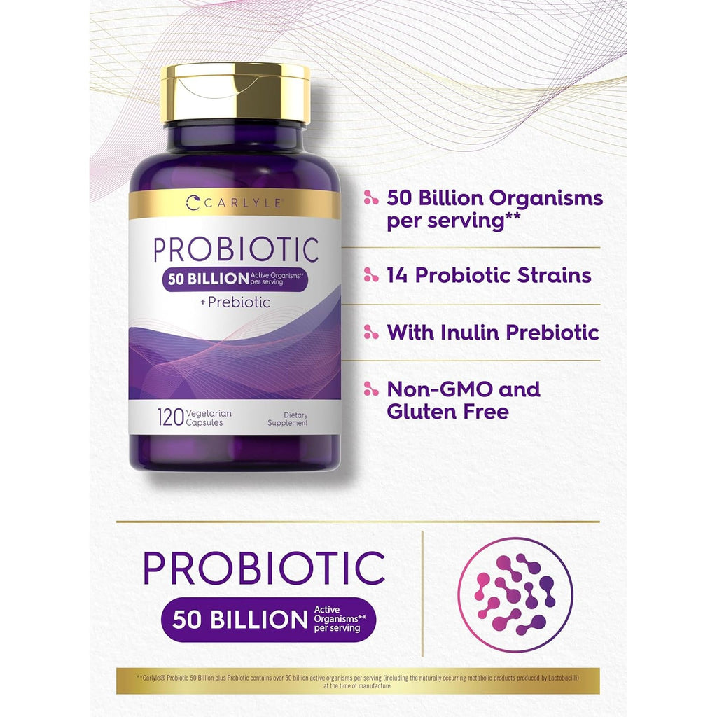 Carlyle Probiotics with Prebiotics | 120 Capsules | 50 Billion Active Organisms | Non-Gmo & Gluten Free Supplement