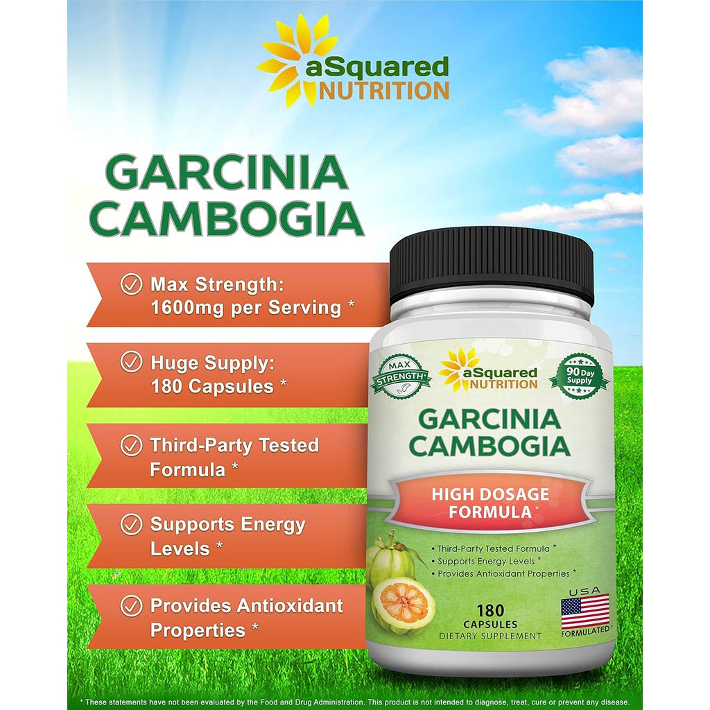 Asquared Nutrition Garcinia Cambogia 1600Mg-180 Capsules-Natural Pure Extract Pills for Brain Health- Standardized Ultra HCA & Garcinia Cambogia Supplement Alternative to Gummies, Drops, Tea & Powder