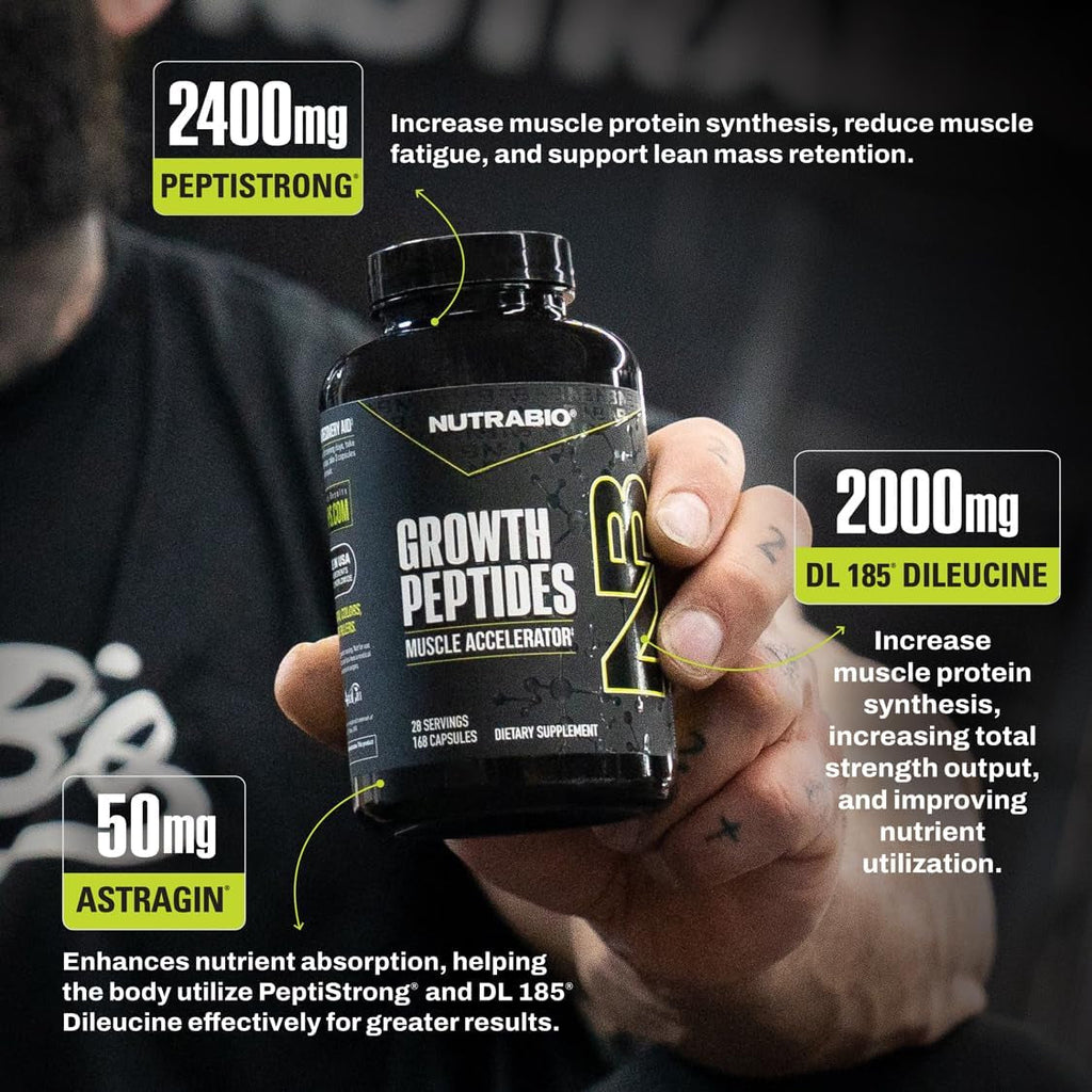 Nutrabio Growth Peptides |Muscle Accelerator with Dileucine & Peptistrong | Peptides for Muscle Growth Men & Women- 28 Servings- 196 Capsules