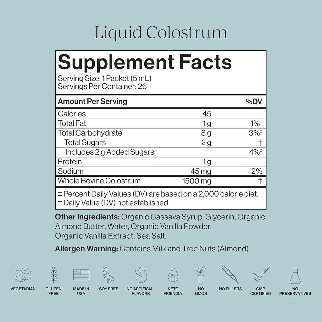 CYMBIOTIKA Liquid Colostrum, 1.5G Full Spectrum Colostrum, Grass-Fed Bovine Colostrum for Gut Health, Immune Support, Skin & Recovery, Sea Salt Vanilla Flavor, 26 Daily Packets (Single Pack)