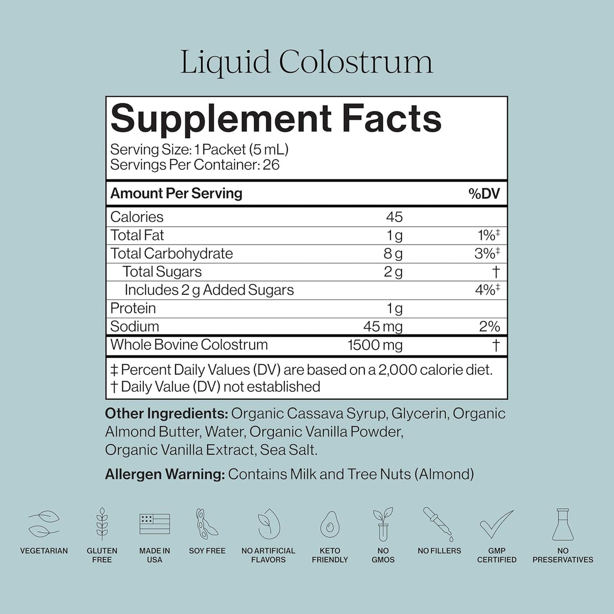 CYMBIOTIKA Liquid Colostrum, 1.5G Full Spectrum Colostrum, Grass-Fed Bovine Colostrum for Gut Health, Immune Support, Skin & Recovery, Sea Salt Vanilla Flavor, 26 Daily Packets (Single Pack)