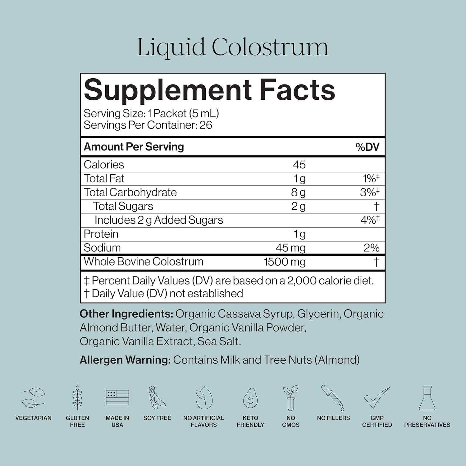 CYMBIOTIKA Liquid Colostrum, 1.5G Full Spectrum Colostrum, Grass-Fed Bovine Colostrum for Gut Health, Immune Support, Skin & Recovery, Sea Salt Vanilla Flavor, 26 Daily Packets (Single Pack)