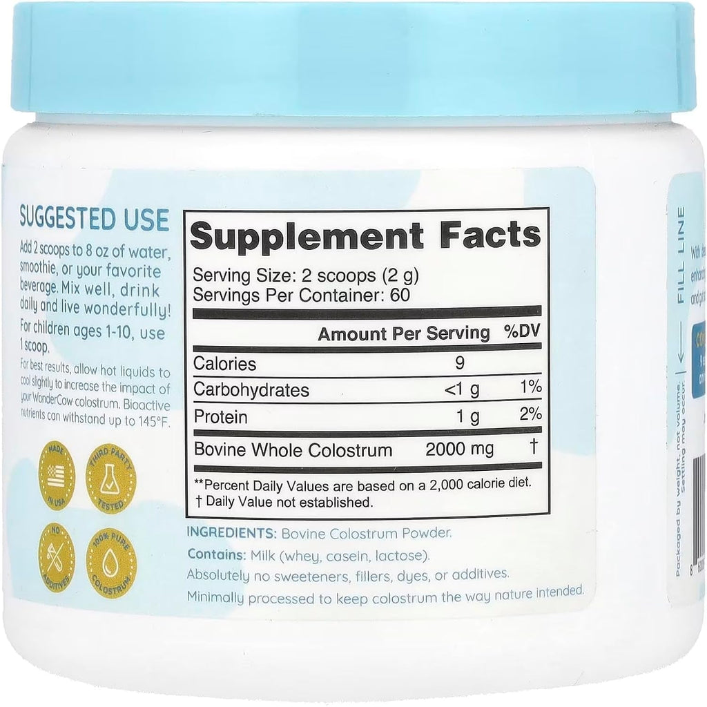 WONDERCOW Colostrum Supplement Powder for Gut Health, Immune Support & Wellness | Natural Igg Pure Whole Bovine Colostrum Superfood, Unflavored, 60 Servings