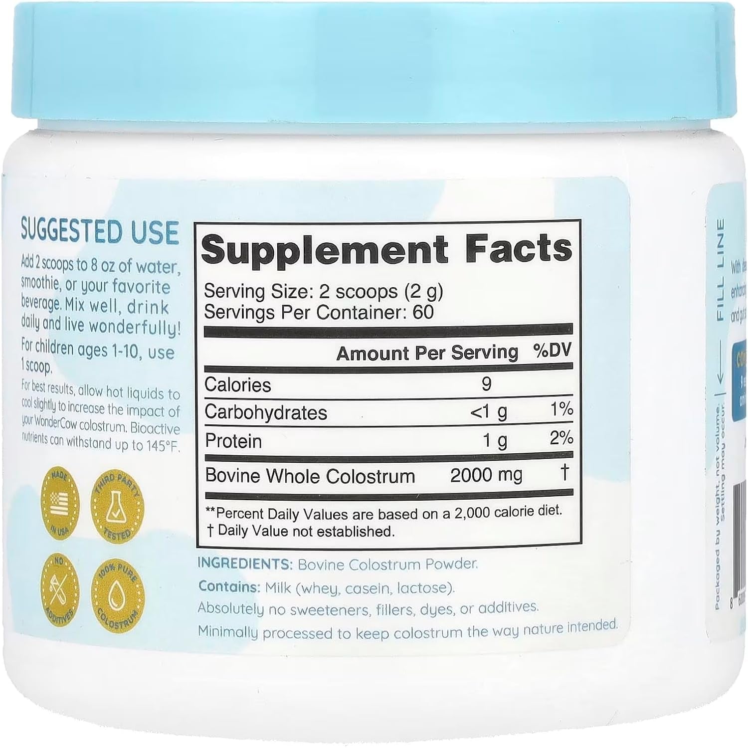 WONDERCOW Colostrum Supplement Powder for Gut Health, Immune Support & Wellness | Natural Igg Pure Whole Bovine Colostrum Superfood, Unflavored, 60 Servings