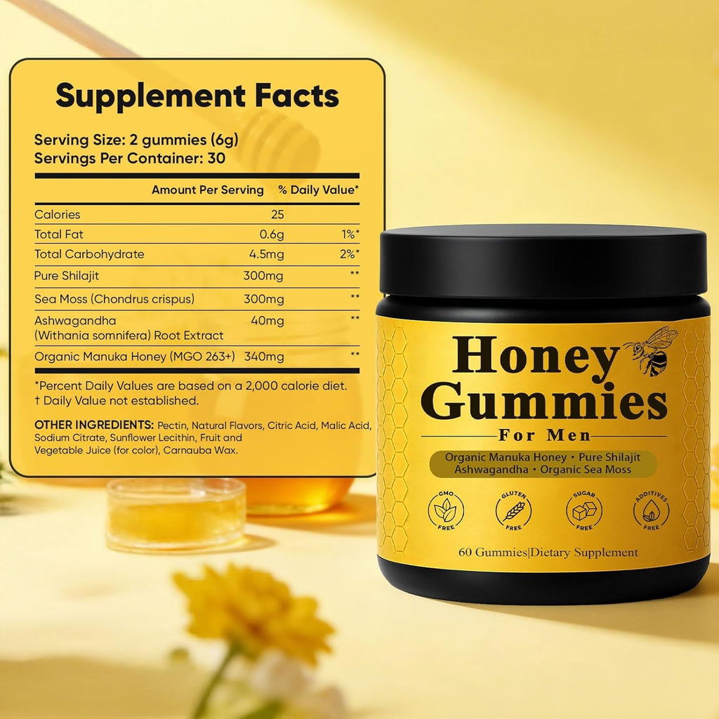 Honey Gummies for Men, Vitality Booster Manuka Honey Gummies, with Shilajit, Ashwagandha, Sea Moss, Improves Endurance, Lowers Cortisol, Reduces Fatigue, Vegan, Non-Gmo (60 Gummies) (1)