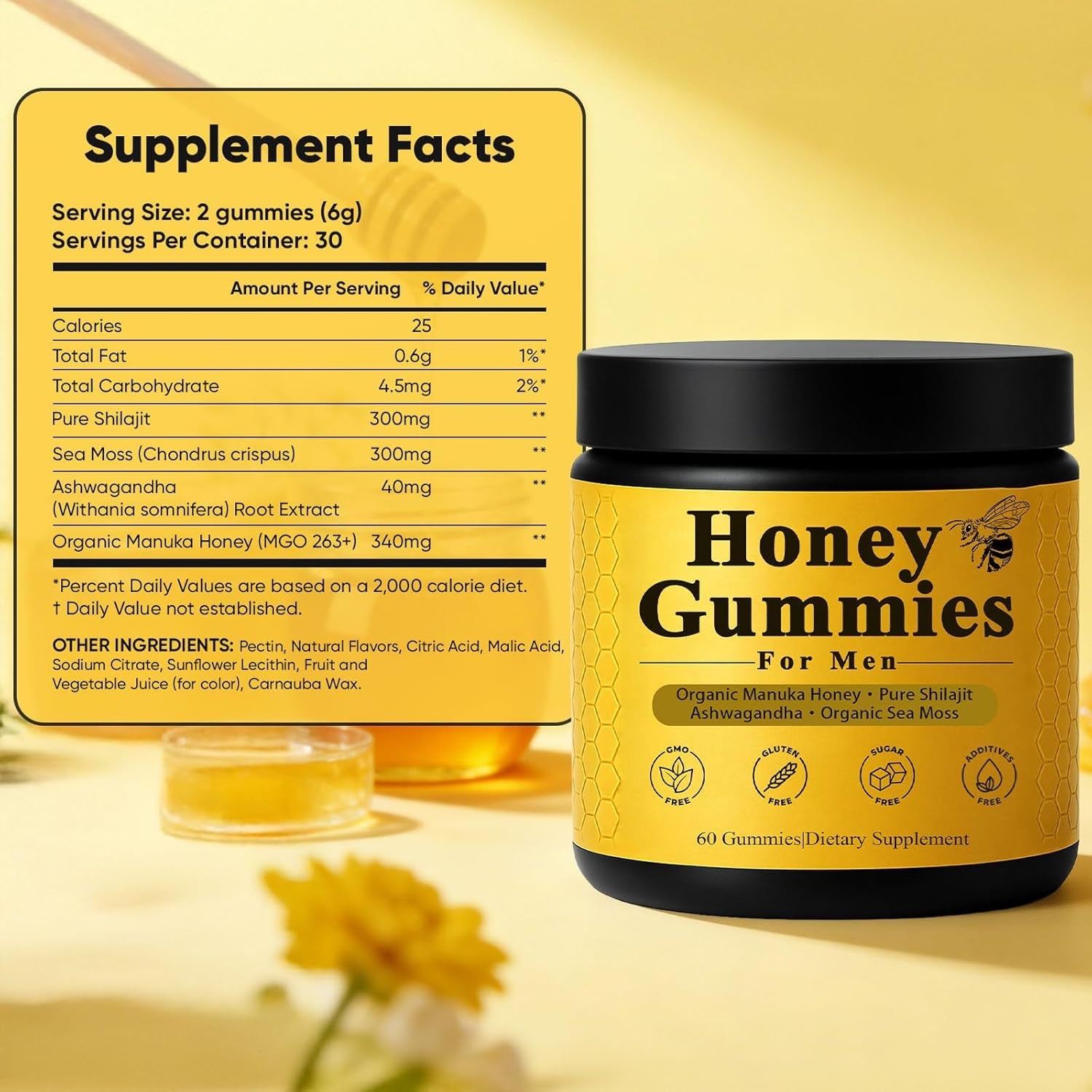 Honey Gummies for Men, Vitality Booster Manuka Honey Gummies, with Shilajit, Ashwagandha, Sea Moss, Improves Endurance, Lowers Cortisol, Reduces Fatigue, Vegan, Non-Gmo (60 Gummies) (1)