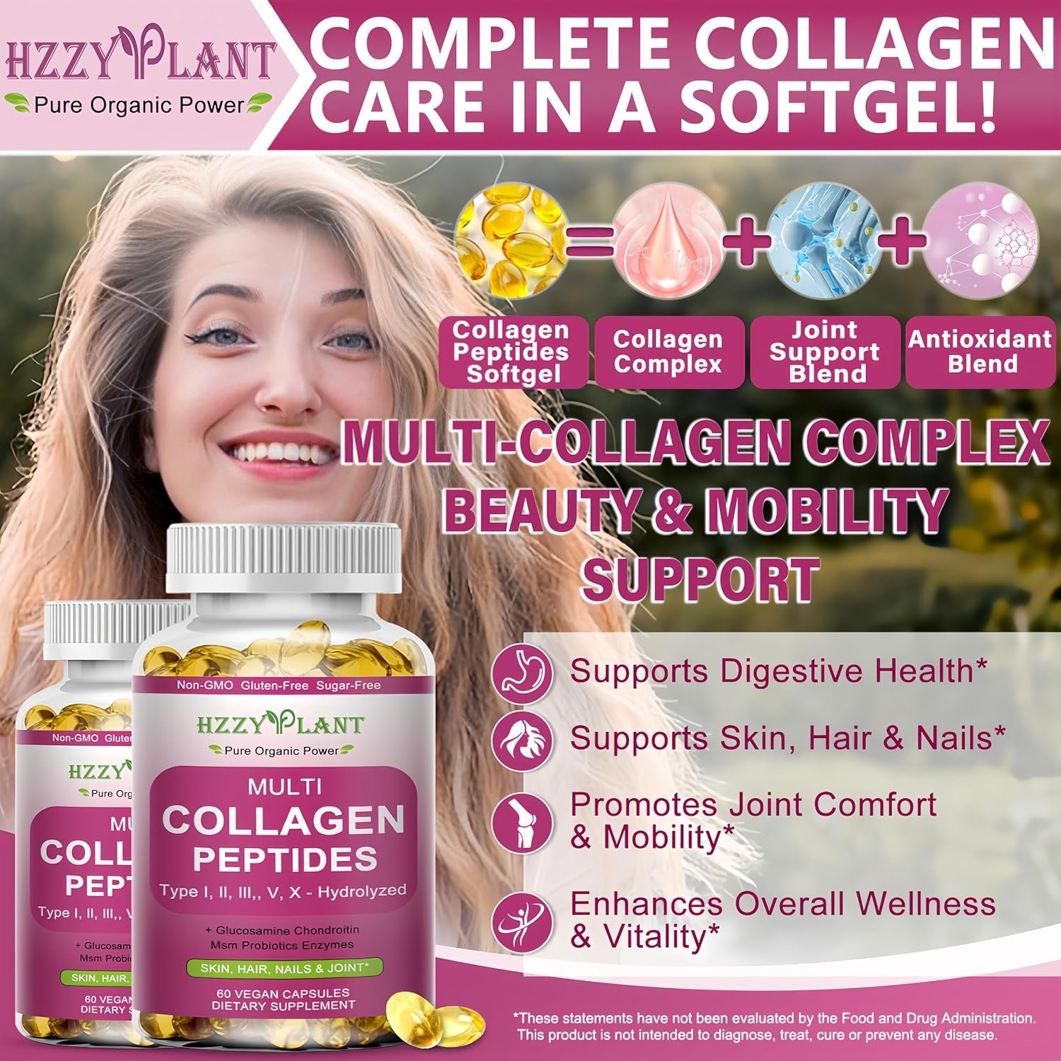 Multi Collagen Peptides Softgel - Type I, II, III, V, X - Hydrolyzed Collagen Peptides with Biotin Vitamin C Hyaluronic Acid for Women & Men, Supports Skin Hair Nail & Joint, Non-Gmo, 60 Servings