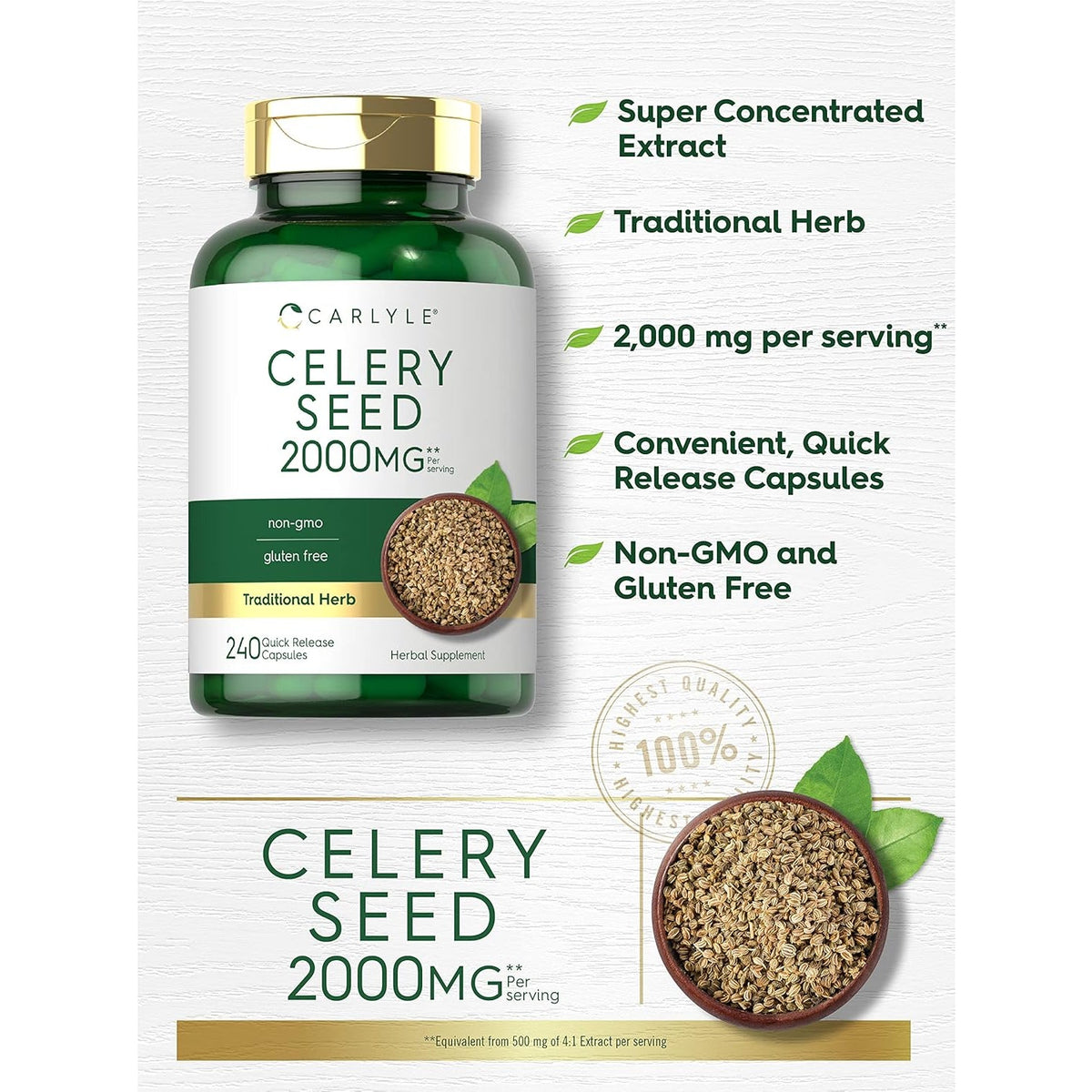 Carlyle Celery Seed Extract Capsules | 240 Count | Traditional Herb Supplement | Non-Gmo and Gluten Free Formula