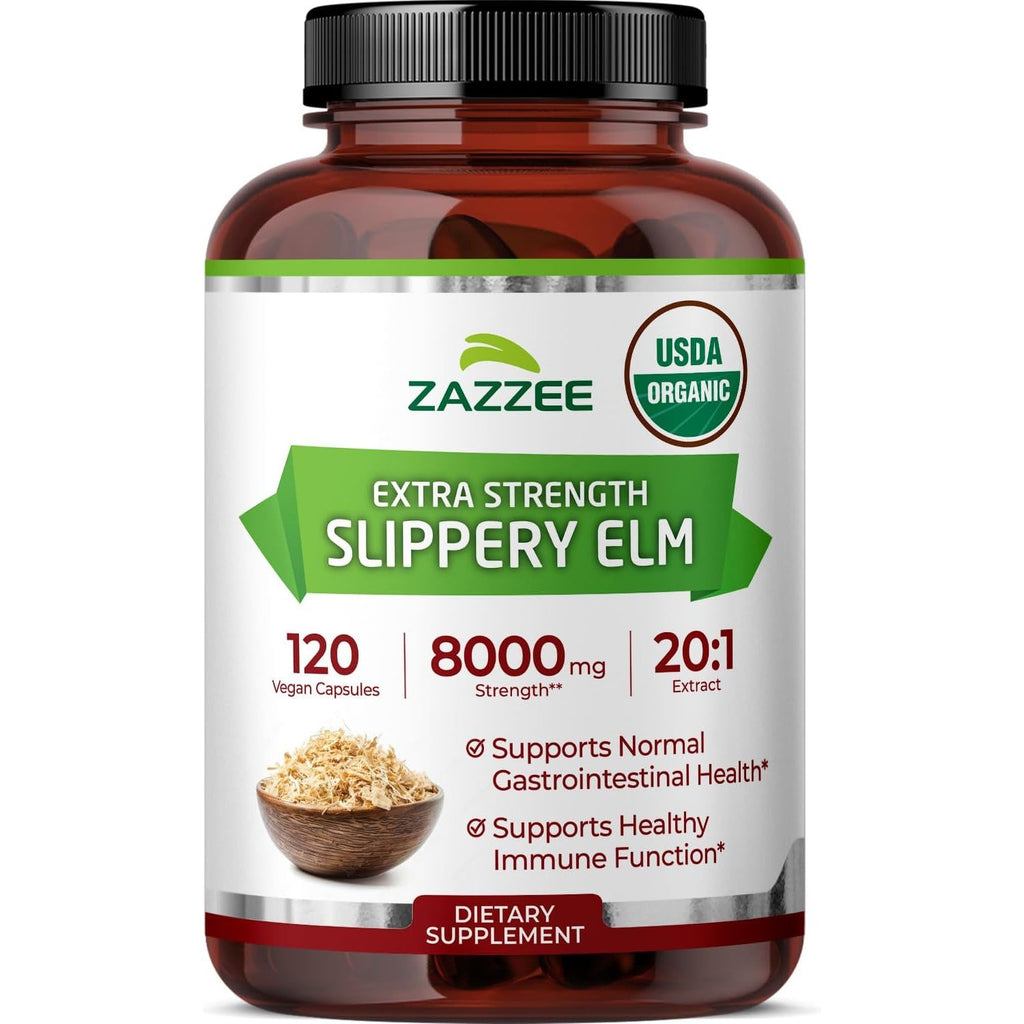 Zazzee USDA Organic Slippery Elm Bark 20:1 Extract, 120 Vegan Capsules, 4 Month Supply, Ulmus Rubra, Digestive, Throat & Mucosal Support, Herbal Supplement, All-Natural, Non-Gmo, Made in the USA