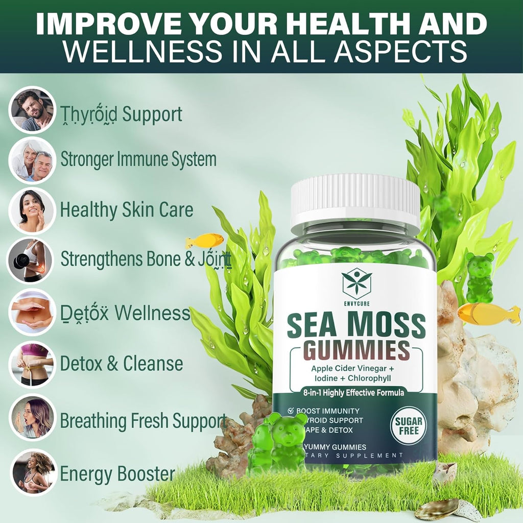 Sea Moss Gummies Sugar-Free, Extra Strength Irish Moss Gel Supplement with Iodine, Chlorophyll, Unfiltered ACV, D3, Burdock Root, Bladderwrack for Immune, Digestive, Skin, Hair, Det❤️X, Vegan, 2Pack