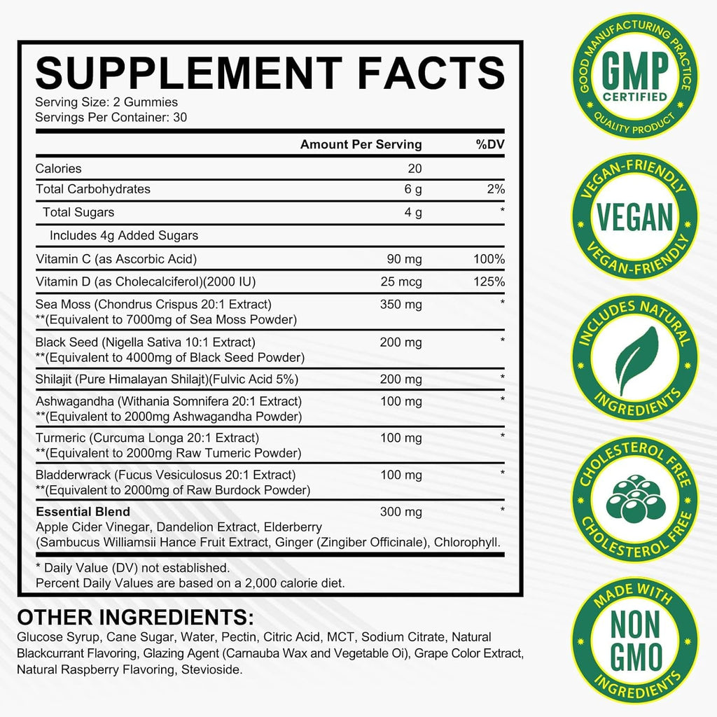 Sea Moss Gummies,With Elderberry Black Seed Oil,Ashwagandha&Ginger,Natural Irish Sea Moss for Immunity & Energy Supplement for Women,Men,Extra Strength,Great Tasting (1 Pack)
