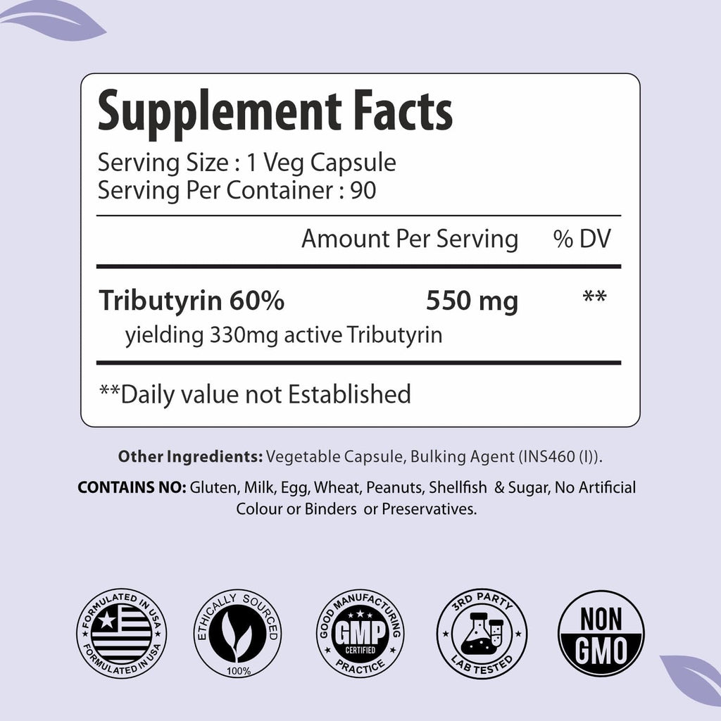 Tributyrin Supplement 550Mg, Advanced Butyrate Form for Gut Health, 60% Standardized, More Effective Delivery than Sodium Butyrate, 90 Capsules, Non-Gmo & Gluten Free Postbiotic Supplement