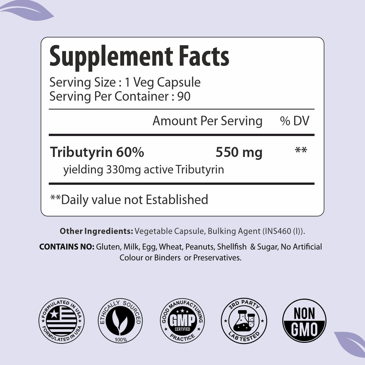 Tributyrin Supplement 550Mg, Advanced Butyrate Form for Gut Health, 60% Standardized, More Effective Delivery than Sodium Butyrate, 90 Capsules, Non-Gmo & Gluten Free Postbiotic Supplement