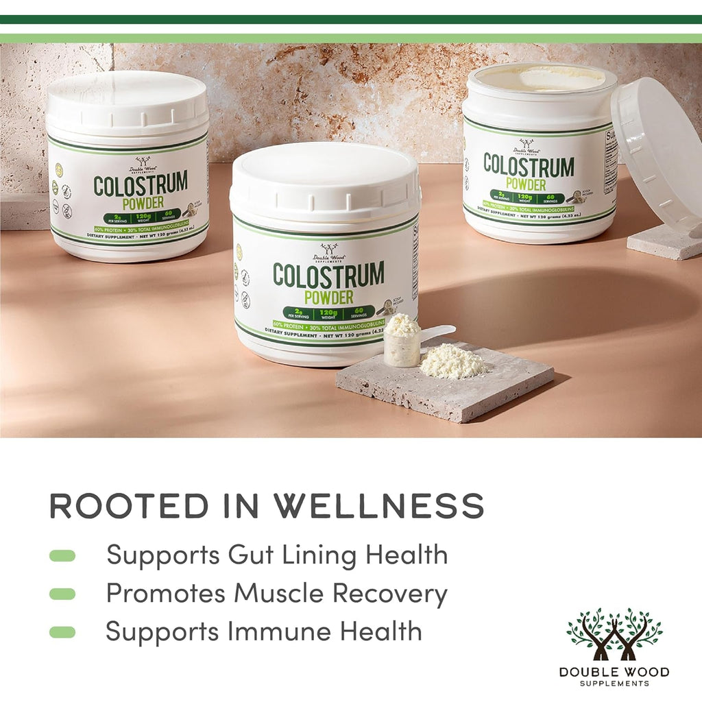 Double Wood Supplements Bovine Colostrum Powder for Women and Men, for Gut Health, Skin & Hair, Immune Support (120 Grams, 60 Day Supply - Standardized to 30% Total Immunoglobulins and 60% Protein)