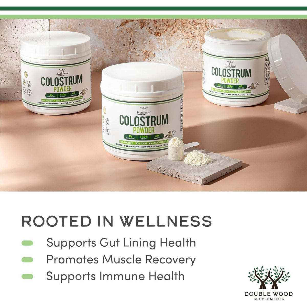 Double Wood Supplements Bovine Colostrum Powder for Women and Men, for Gut Health, Skin & Hair, Immune Support (120 Grams, 60 Day Supply - Standardized to 30% Total Immunoglobulins and 60% Protein)