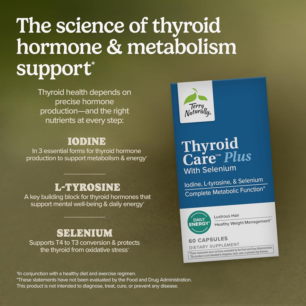 Terry Naturally Thyroid Care plus - Iodine + L-Tyrosine, 60 Capsules - Thyroid Support Supplement with Selenium, Promotes Energy & Metabolism - Non-Gmo, Gluten-Free, Kosher - 30 Servings