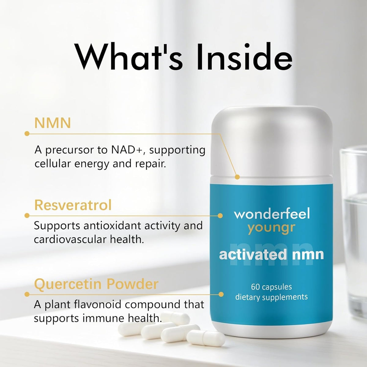 Wonderfeel Youngr NMN Supplement – with Quercettine, TMG & Resveratrol | Vegan Capsules for Daily Nutritional Use, 60 Count