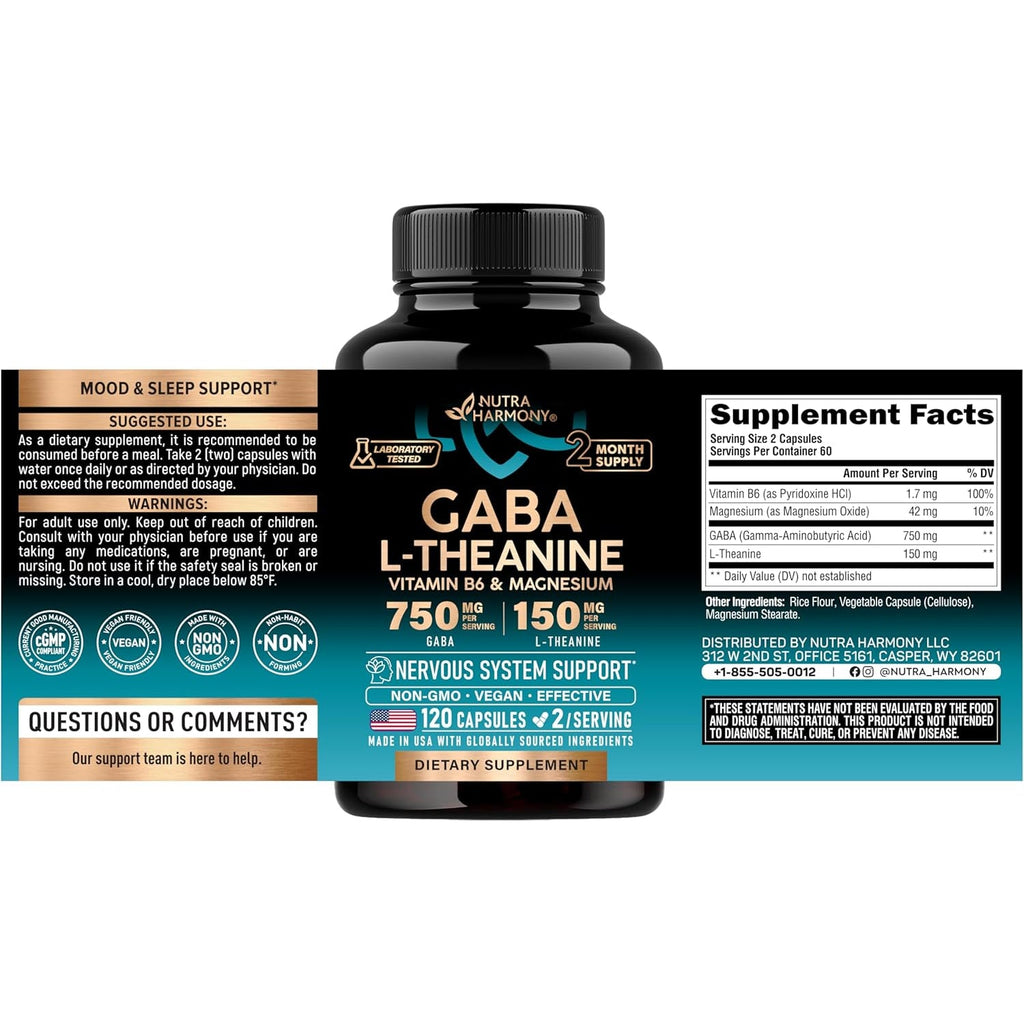 GABA L-Theanine 900 Mg - Magnesium | Vitamin B6 - Calm, Sleep, Relaxation & Mood Support - Lab Tested - 750 Mg Gamma Aminobutyric Acid, 150 Mg L-Theanine - Non-Habit Forming, Vegan - 120 Capsules