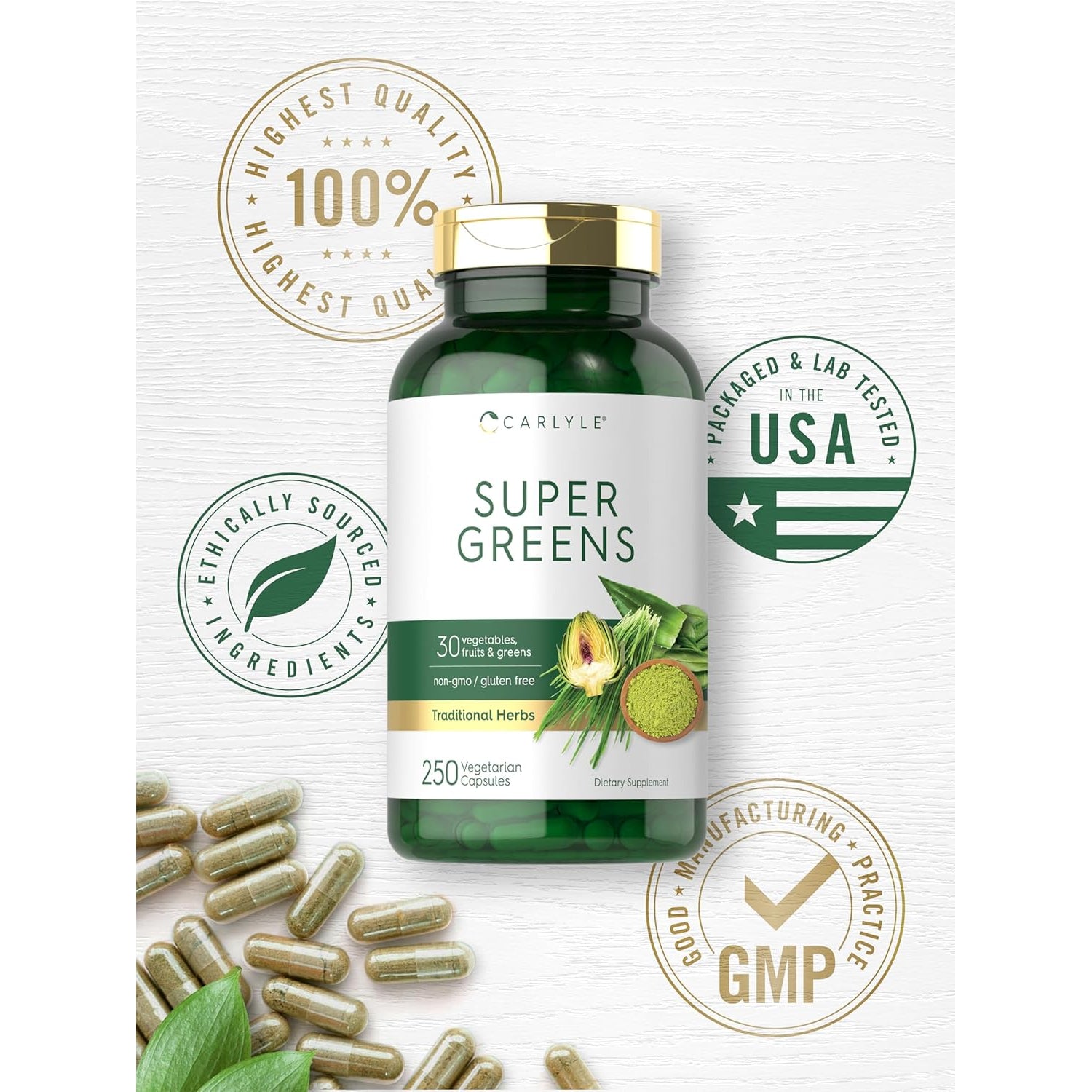 Carlyle Super Greens Capsules | 250 Count | Blend of 13 Vegetables and Greens plus 17 Fruits | Non-Gmo & Gluten Free Supplement