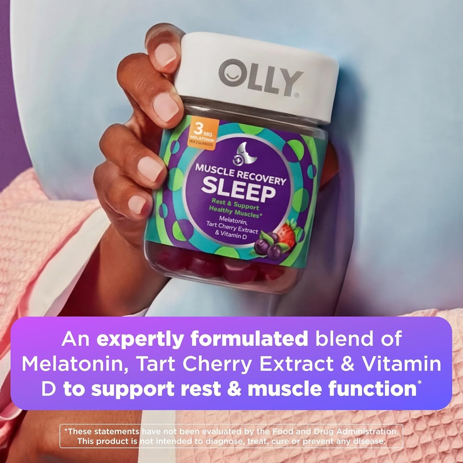 OLLY Muscle Recovery Sleep Gummies, Sleep and Healthy Muscle Support,* 3Mg Melatonin, Tart Cherry Extract, Vitamin D, Berry Rested Flavor, 20 Day Supply - 40 Count