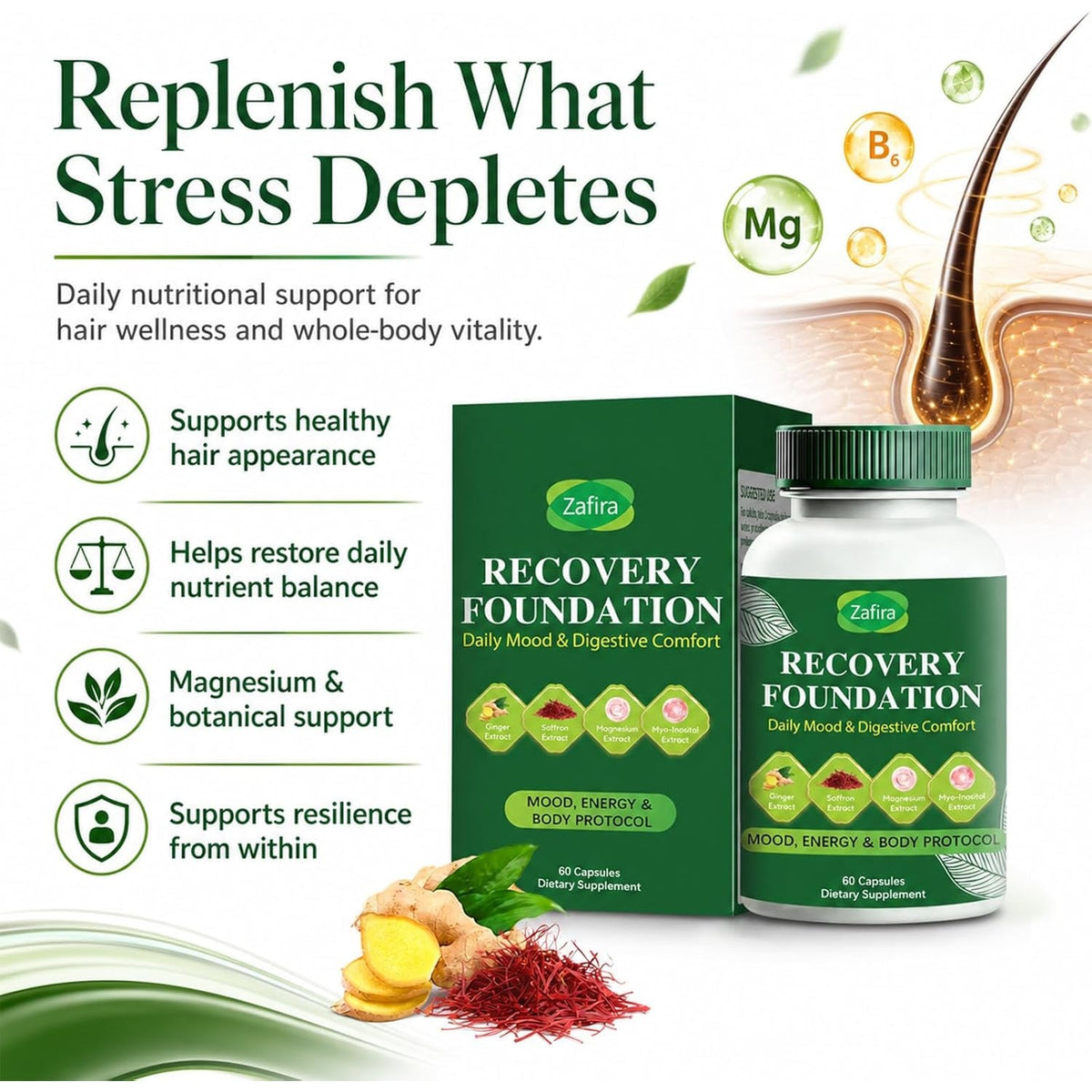 Zafira Recovery Foundation Capsules – Clear Mental Fog, Reduce Hair Loss & Boost Digestion | Clinically Tested, All-Natural Ingredients，Non-Gmo, 60 Capsules