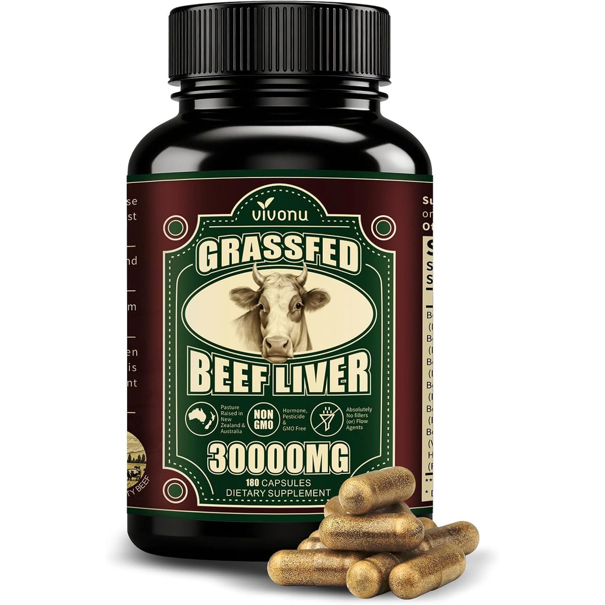 Vivonu Beef Organ Supplement for Women, per Serving Beef Organs with Bovine Liver, Ovary, Uterus, Kidney, Heart, Bone & More, 100% Grass Fed, Balance Hormones*, Energy* (180 Capsules)