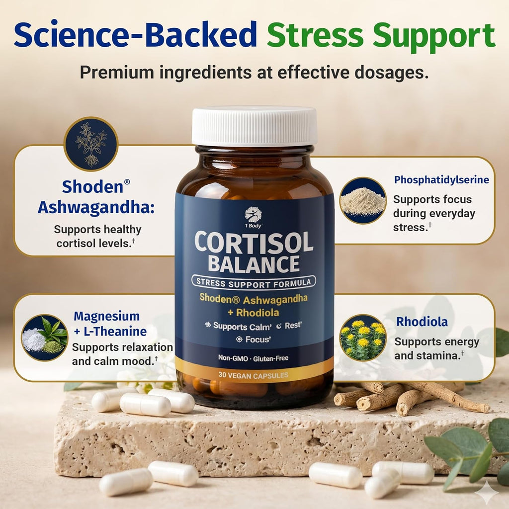 1 Body Cortisol Support for Women & Men – Ashwagandha, Phosphatidylserine & Saffron – Stress Relief, Calm Mood, Balanced Energy & Sleep Support – Vegan