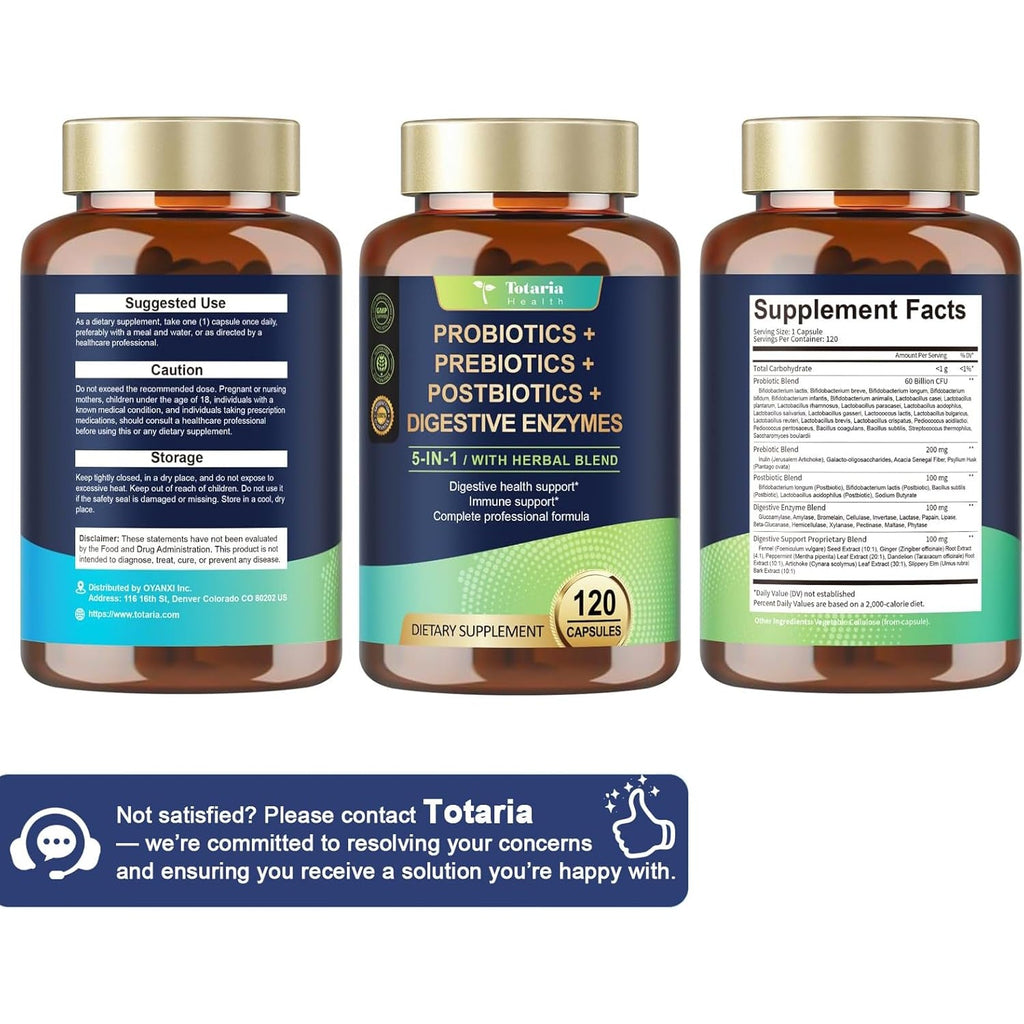 Totaria 5-In-1 Probiotic Prebiotic & Postbiotic for Women Men, 60 Billion CFU 24 Strains W/Digestive Enzymes, Prebiotic Fiber, Slippery Elm, Daily Complete Immune, Gut Health, 120 Day Supply