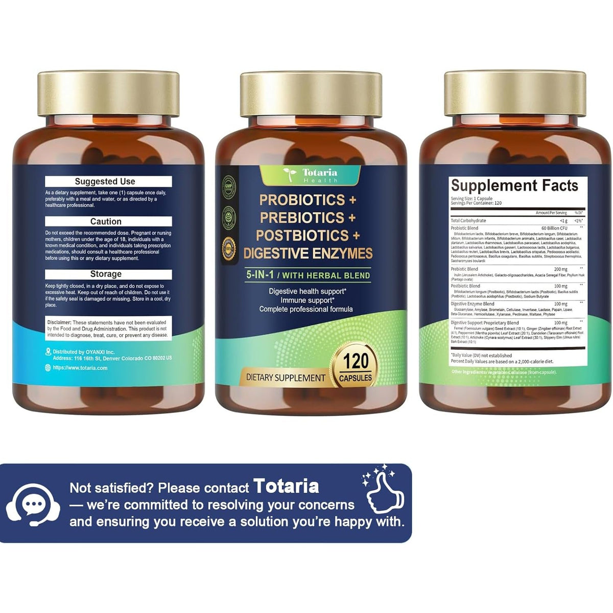 Totaria 5-In-1 Probiotic Prebiotic & Postbiotic for Women Men, 60 Billion CFU 24 Strains W/Digestive Enzymes, Prebiotic Fiber, Slippery Elm, Daily Complete Immune, Gut Health, 120 Day Supply