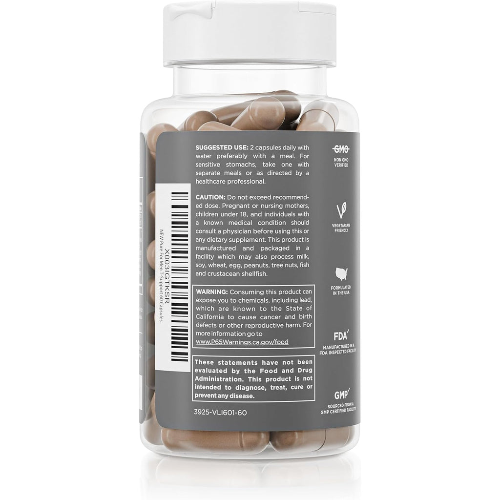Pure for Men T-Support Supplement | Vegetarian Total Support for Men with Maca, Vitamin D, & Ashwagandha, Muscle Health | Endurance, Strength, Focus, & Energy Support | 60 Capsules