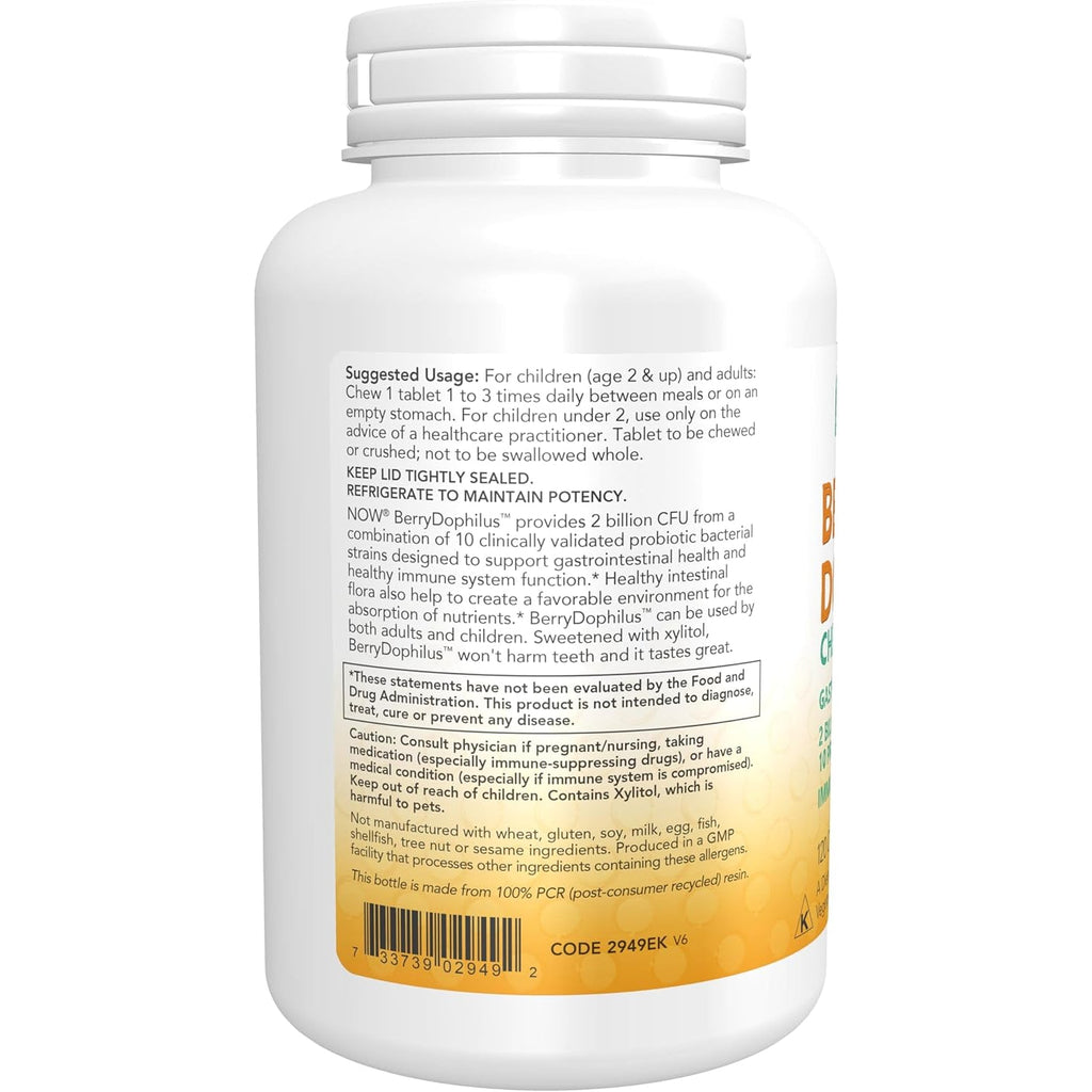 NOW Foods Supplements, Berrydophilus™ with 2 Billion, 10 Probiotic Strains, Xylitol Sweetened, Strain Verified, 120 Chewables, Packaging May Vary