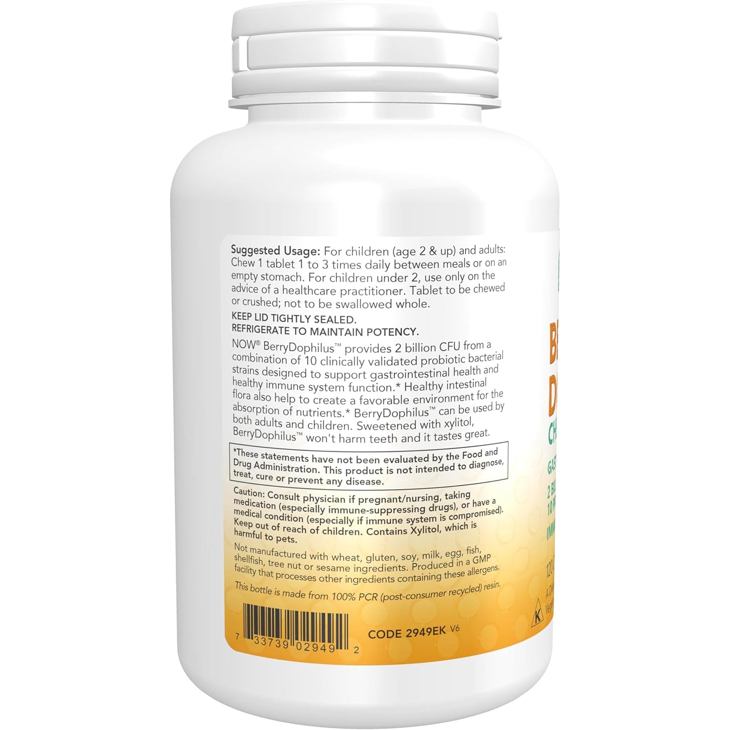 NOW Foods Supplements, Berrydophilus™ with 2 Billion, 10 Probiotic Strains, Xylitol Sweetened, Strain Verified, 120 Chewables, Packaging May Vary