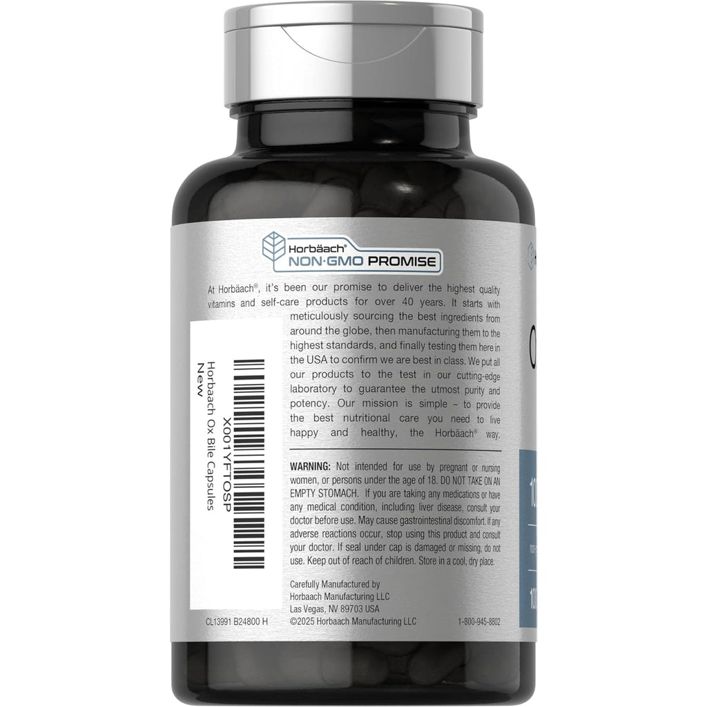 Horbäach Ox Bile Supplement | 1000Mg | 100 Capsules | Digestive Enzymes Supplement | Non-Gmo & Gluten Free