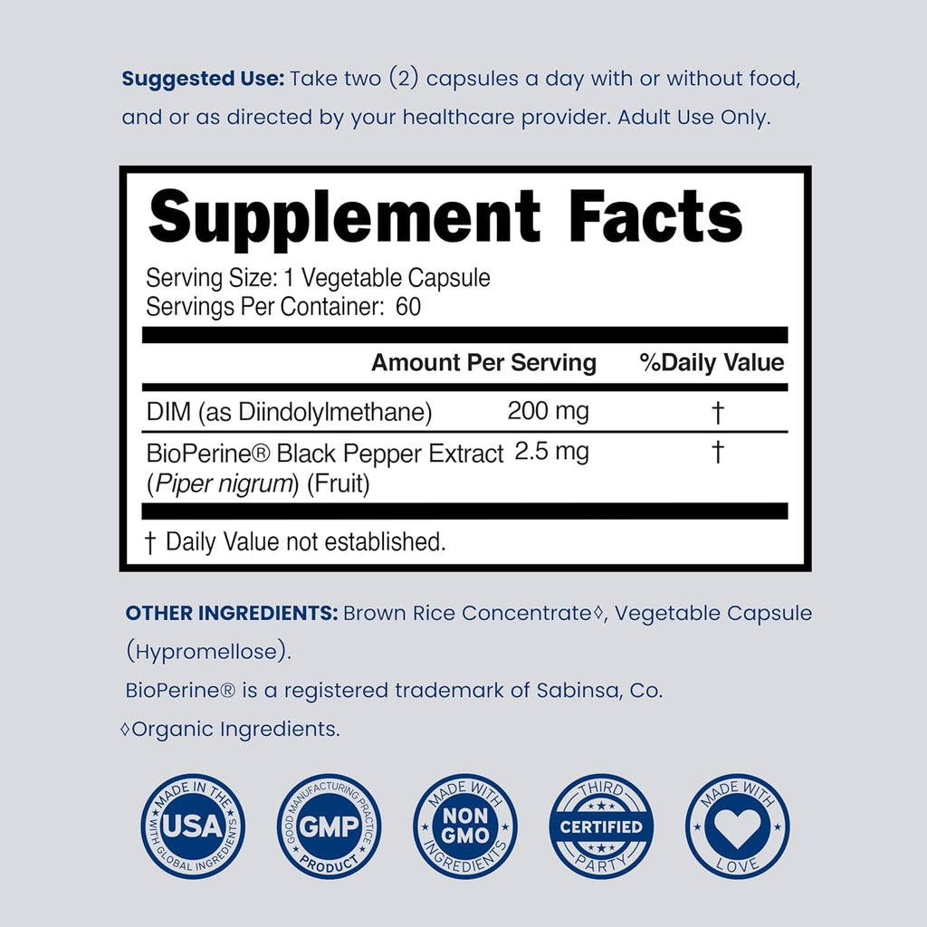 DIM Supplement for Women & Men (Diindolylmethane Estrogen Blocking Supplement, Hormonal Acne Treatment, Hormone Balance for Women) (200Mg per Serving) - Vegan, Gluten-Free, USA Made (60 Capsules)