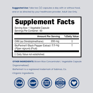 DIM Supplement for Women & Men (Diindolylmethane Estrogen Blocking Supplement, Hormonal Acne Treatment, Hormone Balance for Women) (200Mg per Serving) - Vegan, Gluten-Free, USA Made (60 Capsules)