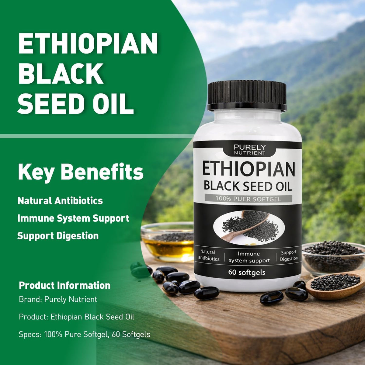 Purely Nutrient Ethiopian Black Seed Oil,Non-Gmo, Gluten-Free,60 Count