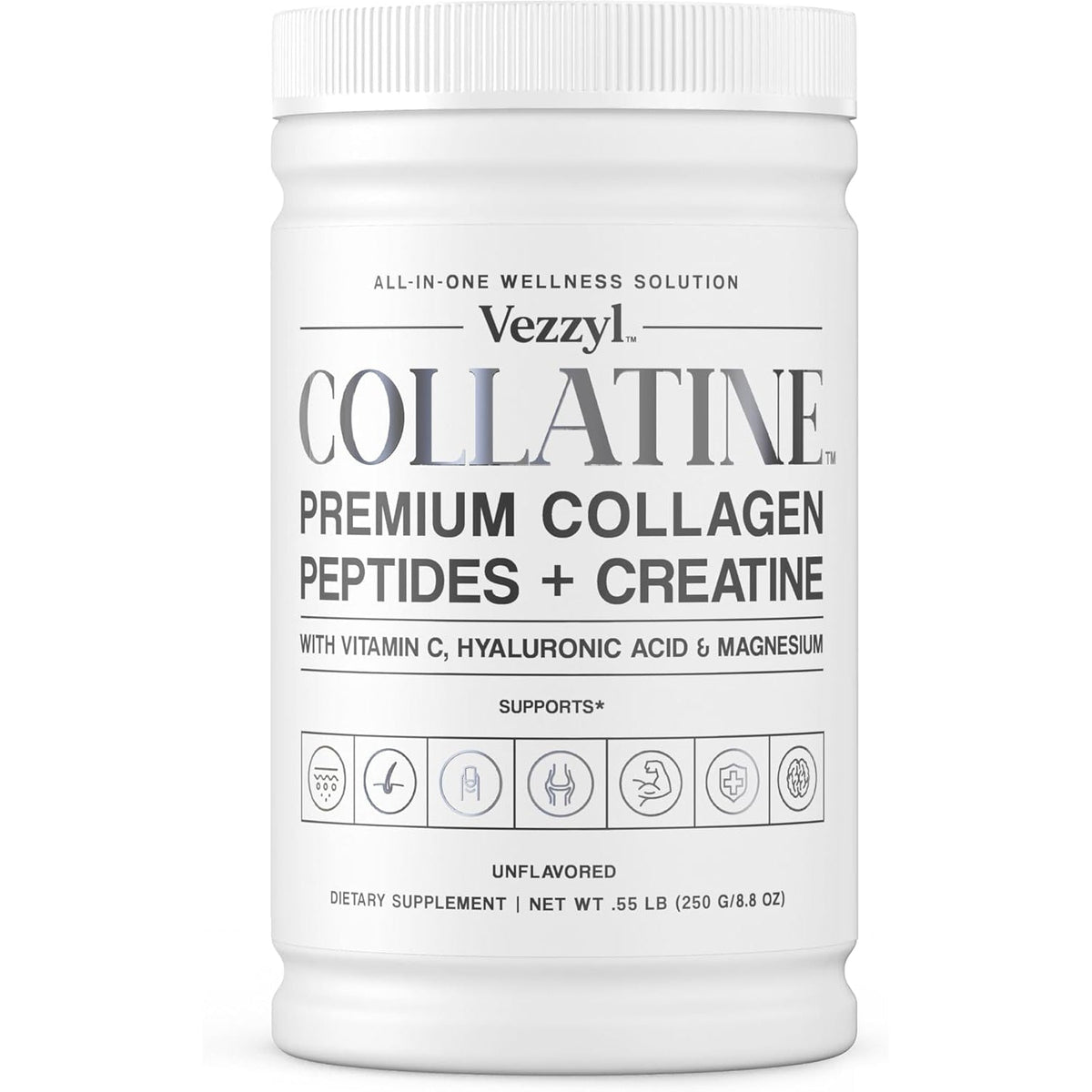 Collatine - Premium Collagen Peptides + Creatine with Vitamin C, Hyaluronic Acid and Magnesium for Skin, Hair, Nails, Bone & Joint, Muscle, Immune and Cognitive Aid (.55 LB (250 G/8.8 OZ)