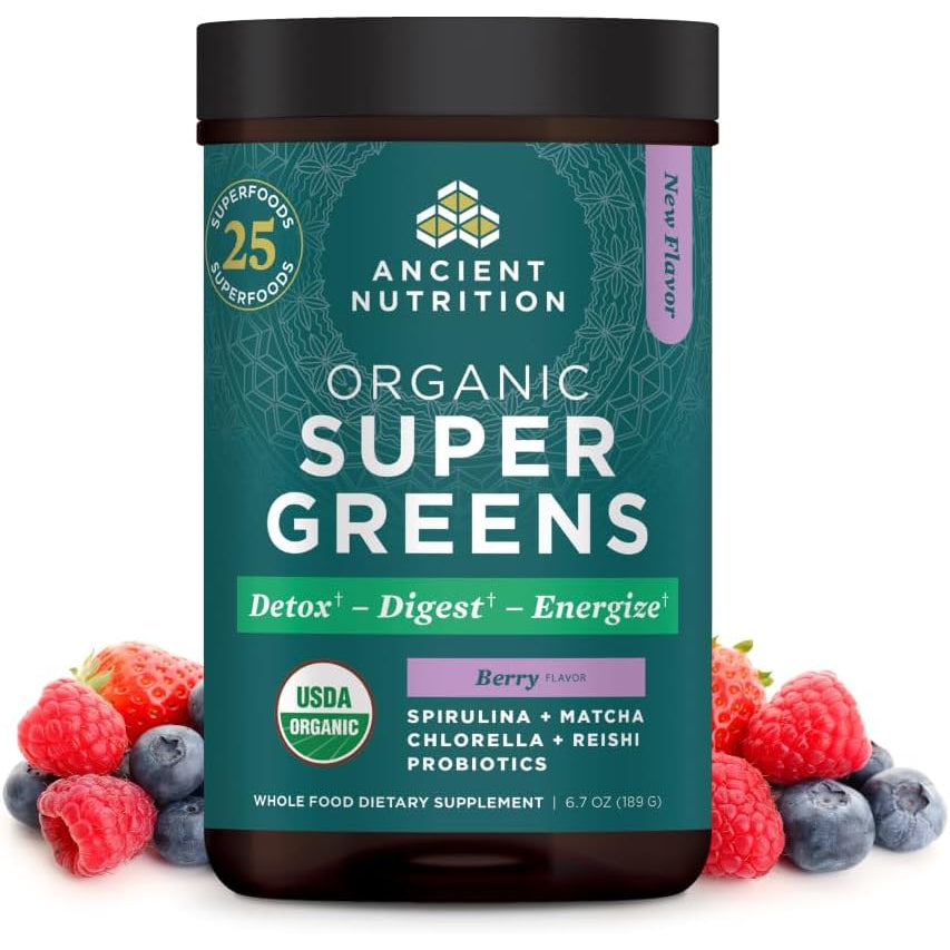 Ancient Nutrition Supergreens Powder with Probiotics, Organic Berry Flavor Greens, Made from Real Fruits, Vegetables and Herbs, Digestive and Energy Support, 25 Servings, 6.7Oz