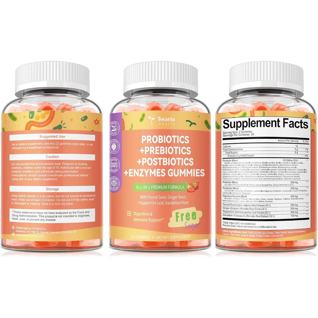 Totaria Sugar Free 5-In-1 Probiotic Prebiotic Postbiotic Gummy, 36 Strains Probiotics for Women Men with Digestive Enzymes, Peppermint, Complete Immune, Gut & Digestive Support, Vegan, 60 Counts