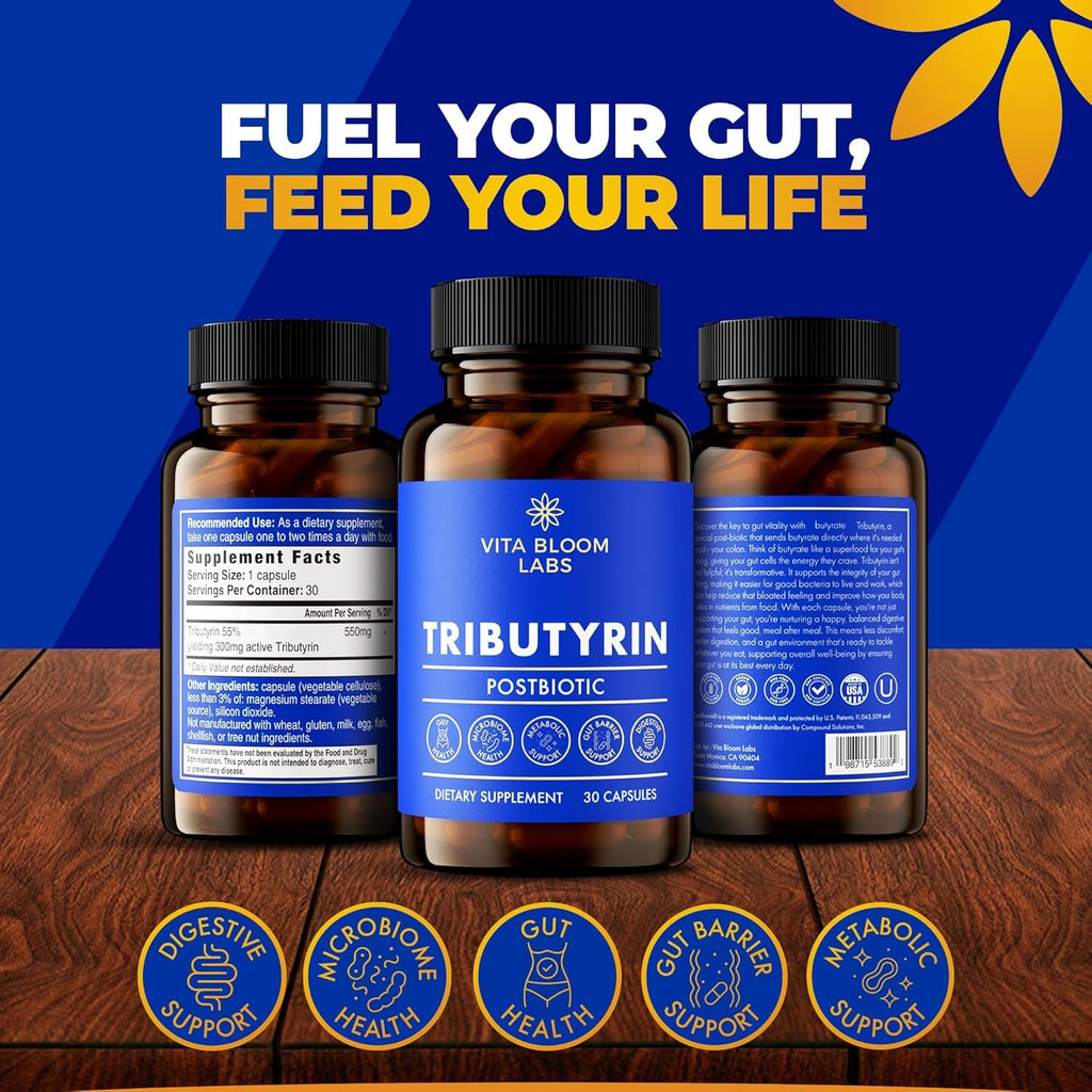 Tributyrin Supplement - Better Delivery & More Effective than Sodium Butyrate - Gut Health & Digestive Support - 3-In-1 Butyrate Postbiotics for Leaky Gut & Gut Barrier Support - 30 Capsules