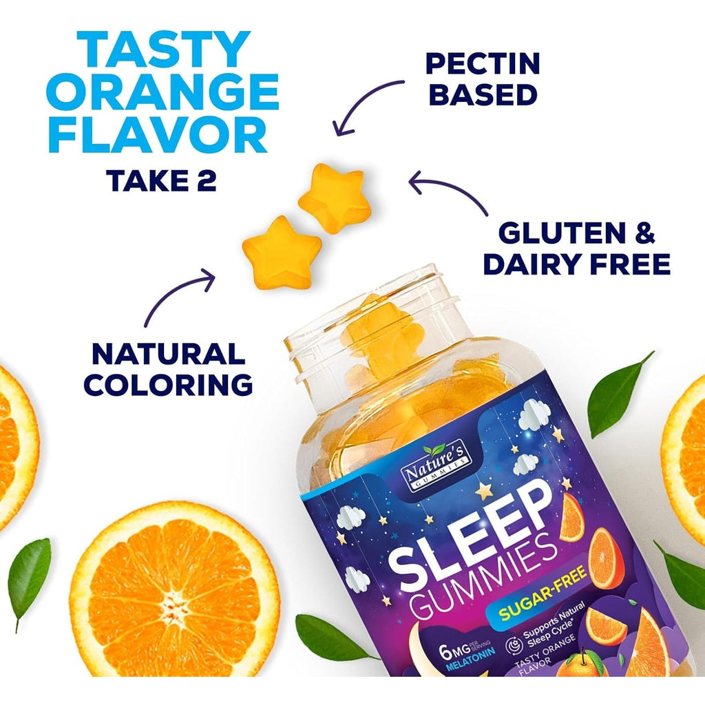 Sleep Gummies for Adults - Sugar Free Melatonin 6 MG per Serving Gummy Supplement - Natural Zero Sugar Sleeping Gummy for Adults & Kids, Orange Flavored, Extra Strength Sleep Support - 60 Gummies