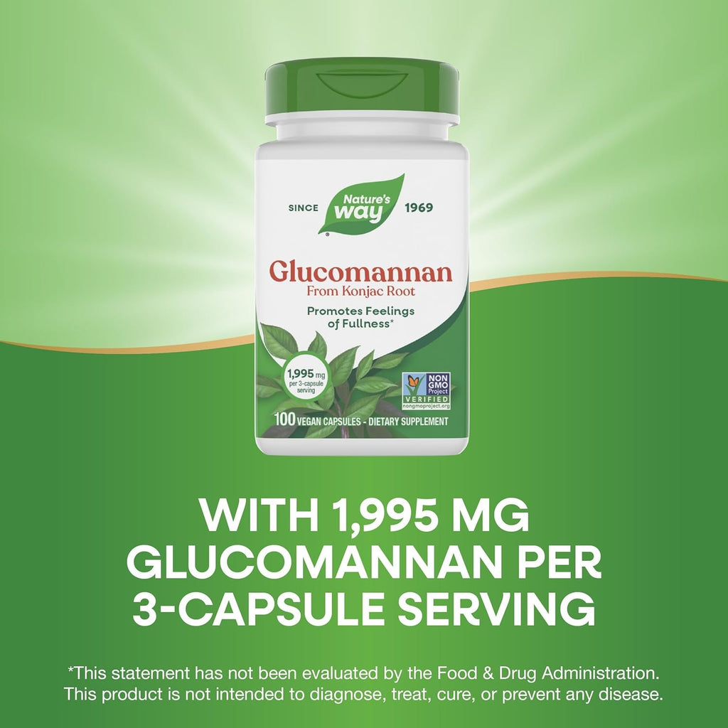 Nature'S Way Herbal Glucomannan from Konjac Root Capsules, Promotes Feelings of Fullness*, 1,995 Mg per 3-Capsule Serving, Non-Gmo Project Verified, Vegan, 100 Capsules (Packaging May Vary)