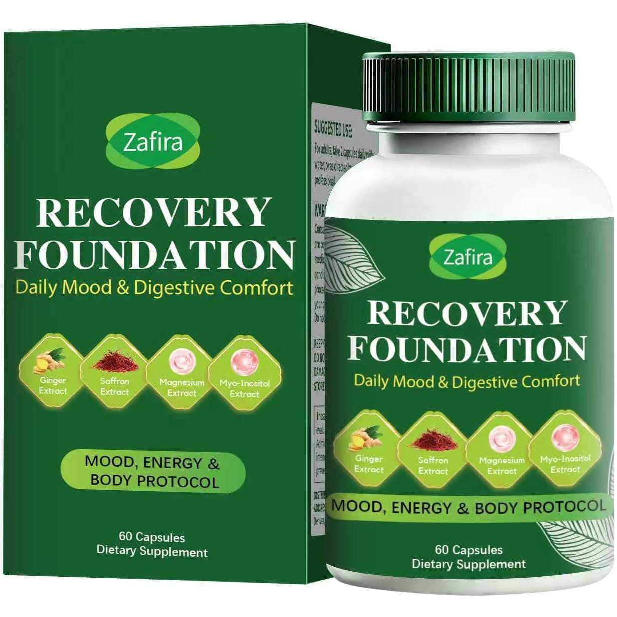 Zafira Recovery Foundation Capsules – Clear Mental Fog, Reduce Hair Loss & Boost Digestion | Clinically Tested, All-Natural Ingredients，Non-Gmo, 60 Capsules