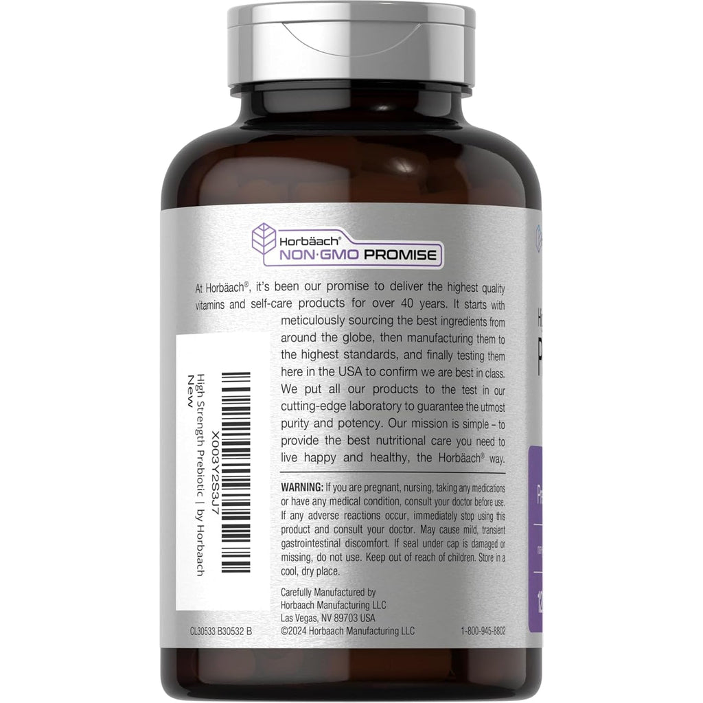 Horbäach Prebiotic for Men and Women | 120 Powder Pills | High Strength & Premium Quality Supplement | Non-Gmo & Gluten Free Quick Release Capsules