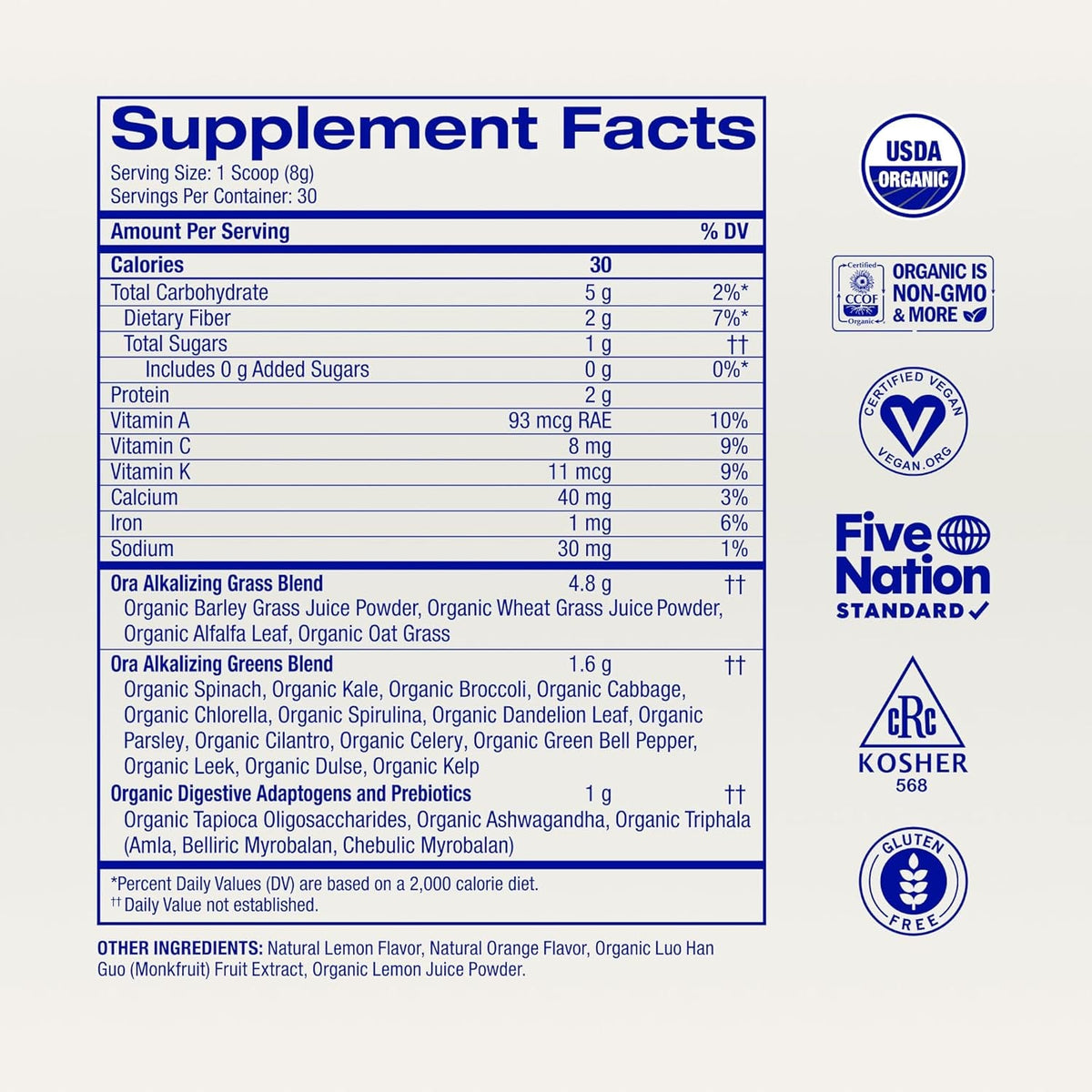 Ora Organic Greens Powder - Vegan, Gluten-Free, Organic Super Greens Drink for Energy and Detox | Antioxidants & Adaptogenic Herbs | 20+ Superfood Greens Blend - Citrus Flavor, 30 Servings