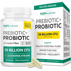 Prebiotics and Probiotics | 50 Billion CFU, 16 Probiotic Strains & Inulin Prebiotic Fiber | Delayed Release Capsules | Gut Health Support | Prebiotics and Probiotics for Women & Men | Non-Gmo | 60 Ct